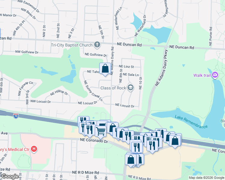 map of restaurants, bars, coffee shops, grocery stores, and more near 1105 Northeast 8th Street in Blue Springs