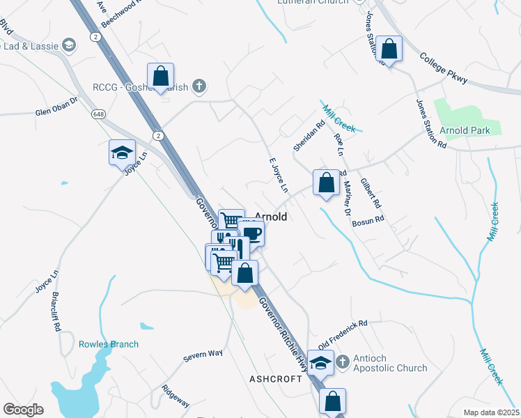 map of restaurants, bars, coffee shops, grocery stores, and more near 54 Church Road in Arnold