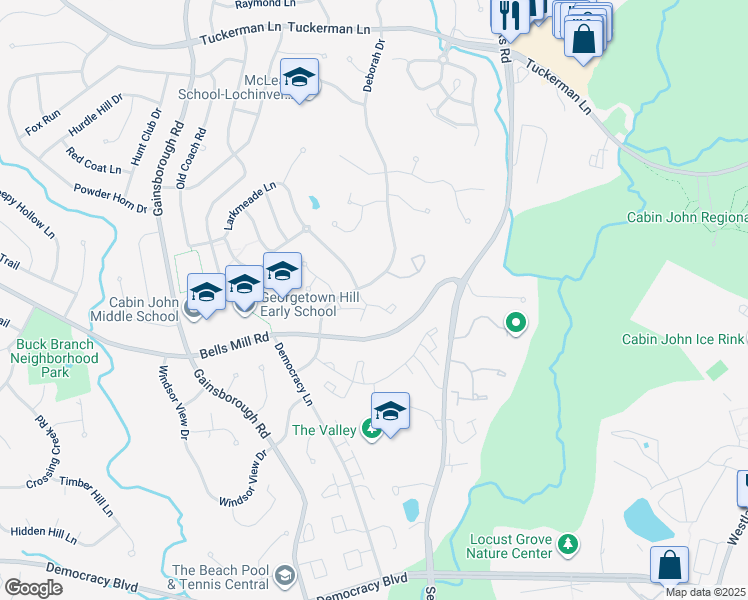 map of restaurants, bars, coffee shops, grocery stores, and more near 10867 Deborah Drive in Potomac