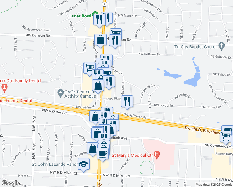 map of restaurants, bars, coffee shops, grocery stores, and more near 1208 Northwest 6th Terrace in Blue Springs