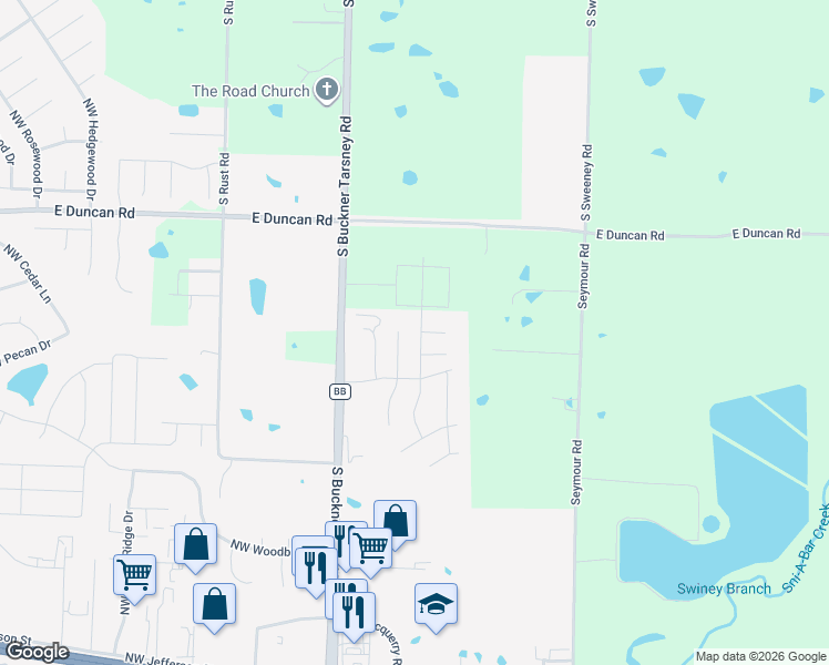 map of restaurants, bars, coffee shops, grocery stores, and more near 202 Northeast Katie Court in Grain Valley