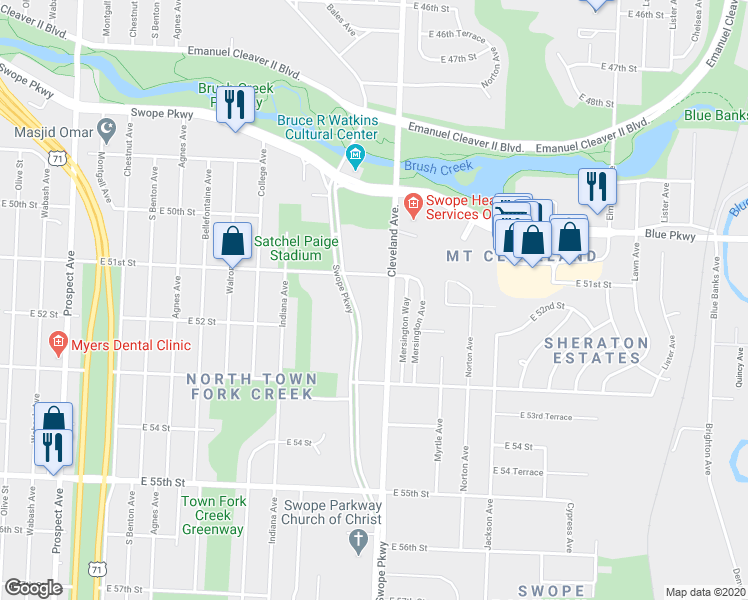 map of restaurants, bars, coffee shops, grocery stores, and more near 5120 Cleveland Avenue in Kansas City
