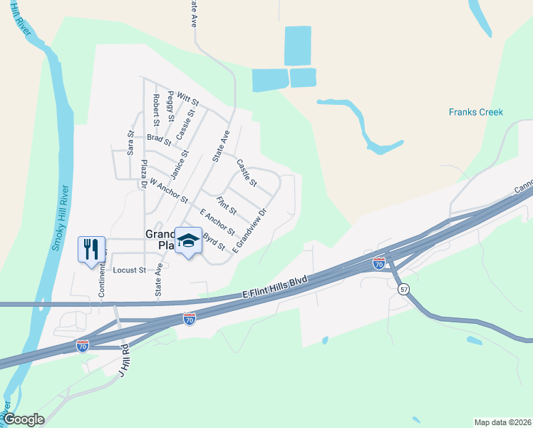 map of restaurants, bars, coffee shops, grocery stores, and more near 313 East Grandview Drive in Junction City