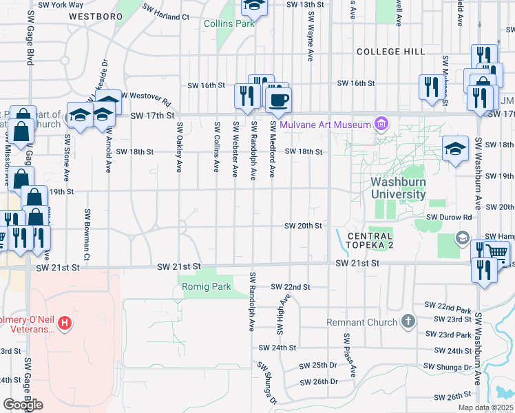 map of restaurants, bars, coffee shops, grocery stores, and more near 1920 Southwest Randolph Avenue in Topeka