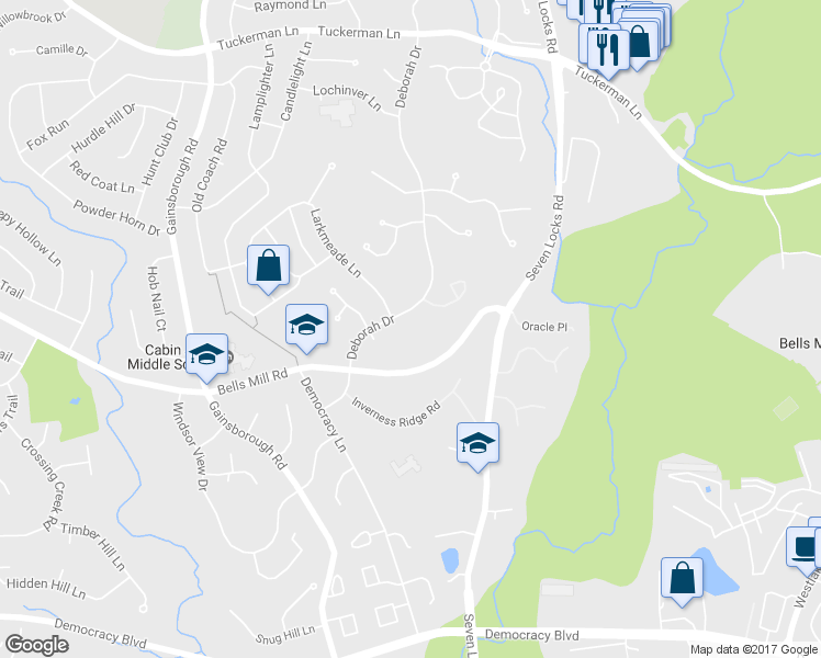 map of restaurants, bars, coffee shops, grocery stores, and more near 10867 Deborah Drive in Potomac
