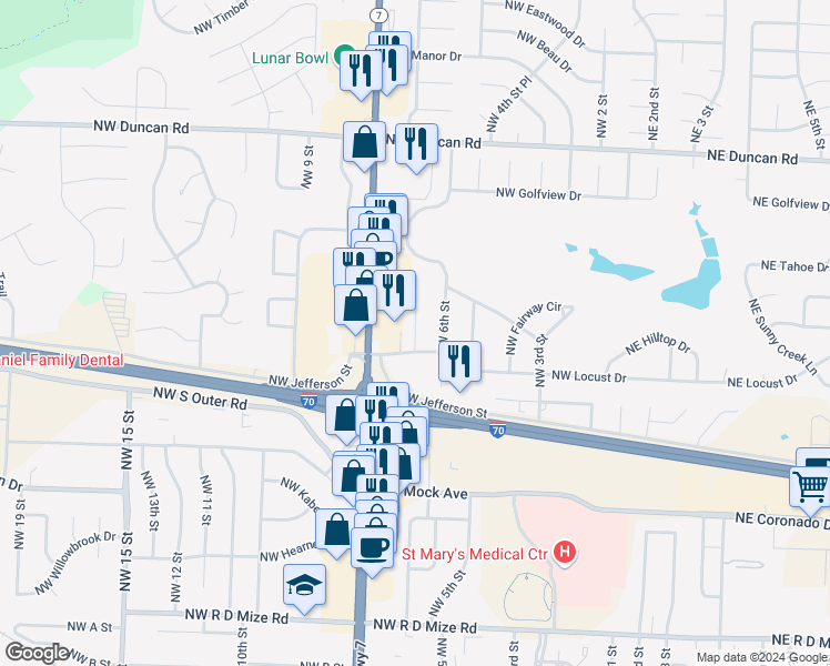 map of restaurants, bars, coffee shops, grocery stores, and more near 1210 Northwest 6th Street Terrace in Blue Springs