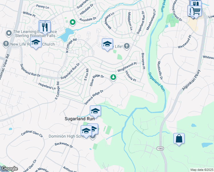 map of restaurants, bars, coffee shops, grocery stores, and more near 127 Seneca Ridge Drive in Sterling