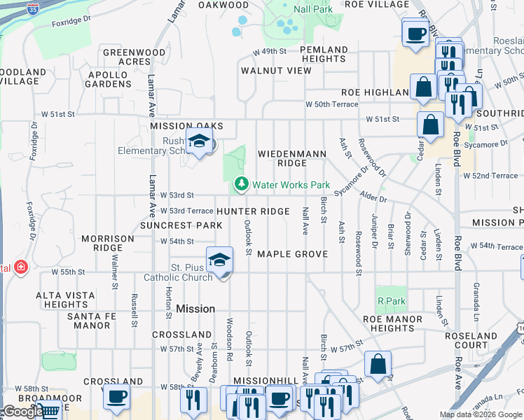 map of restaurants, bars, coffee shops, grocery stores, and more near 5300 Reeds Road in Mission