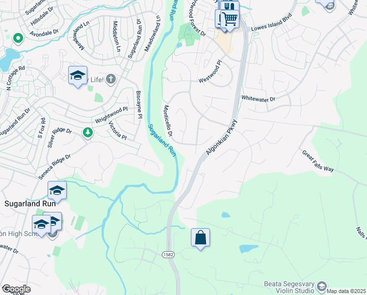 map of restaurants, bars, coffee shops, grocery stores, and more near 10844 Monticello Drive in Great Falls