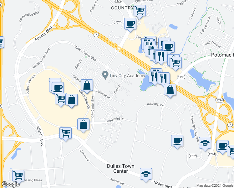 map of restaurants, bars, coffee shops, grocery stores, and more near 21088 Joseph Terrace in Sterling