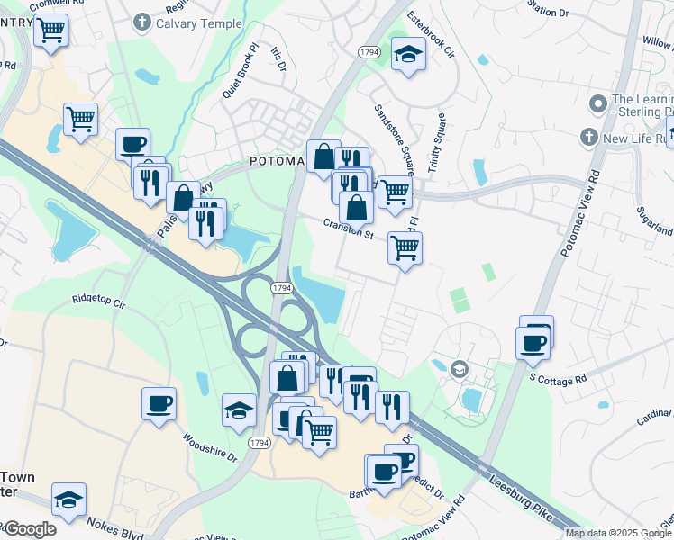 map of restaurants, bars, coffee shops, grocery stores, and more near 46303 Mcclellan Way in Sterling