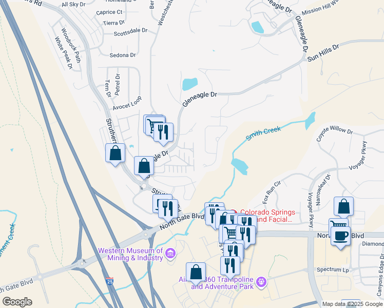 map of restaurants, bars, coffee shops, grocery stores, and more near 38 Rising Sun Terrace in Colorado Springs