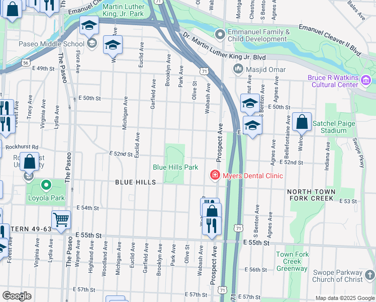 map of restaurants, bars, coffee shops, grocery stores, and more near 5115 Olive Street in Kansas City