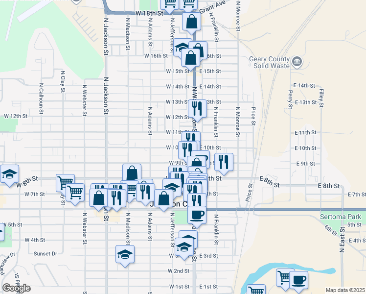 map of restaurants, bars, coffee shops, grocery stores, and more near 1011 North Jefferson Street in Junction City