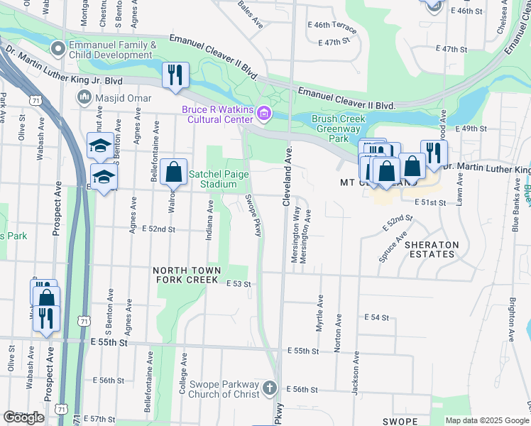 map of restaurants, bars, coffee shops, grocery stores, and more near 5125 Swope Parkway in Kansas City