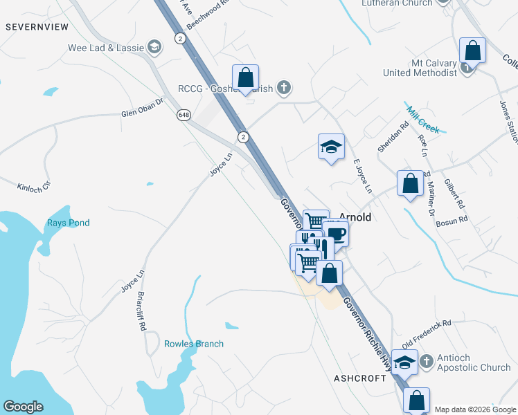 map of restaurants, bars, coffee shops, grocery stores, and more near 1396 Baltimore Annapolis Boulevard in Arnold