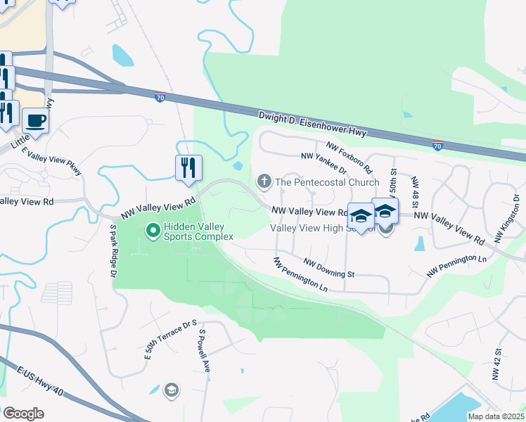 map of restaurants, bars, coffee shops, grocery stores, and more near 1366 Northwest Hidden Ridge Circle in Blue Springs