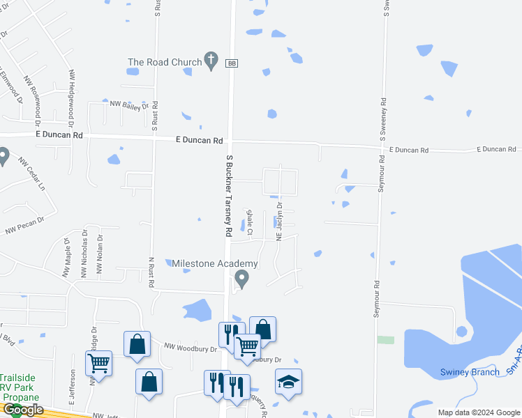 map of restaurants, bars, coffee shops, grocery stores, and more near 1536 Northeast Erin Court in Grain Valley