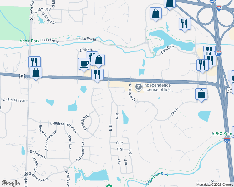 map of restaurants, bars, coffee shops, grocery stores, and more near 17401 East US Highway 40 in Independence
