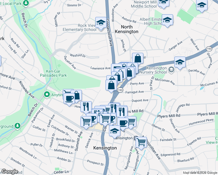 map of restaurants, bars, coffee shops, grocery stores, and more near 10810 Connecticut Avenue in Kensington