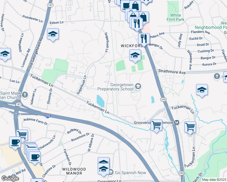 map of restaurants, bars, coffee shops, grocery stores, and more near 5717 Brewer House Circle in North Bethesda