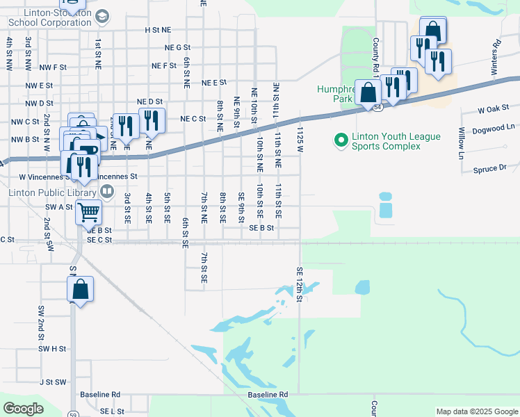 map of restaurants, bars, coffee shops, grocery stores, and more near 110 10th Street Southeast in Linton