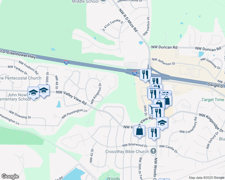map of restaurants, bars, coffee shops, grocery stores, and more near 1408 Northwest Cardiff Drive in Blue Springs