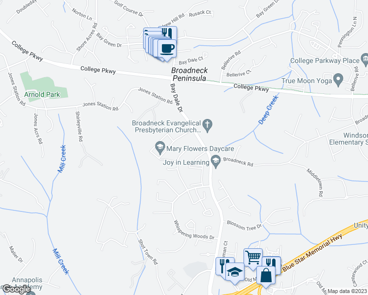 map of restaurants, bars, coffee shops, grocery stores, and more near 1542 Star Pine Drive in Annapolis