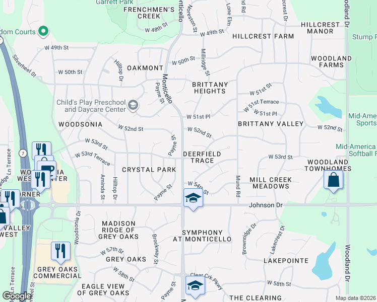map of restaurants, bars, coffee shops, grocery stores, and more near 21808 West 52nd Terrace in Shawnee