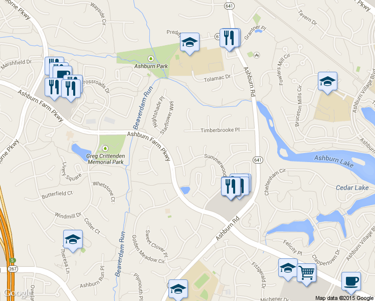 map of restaurants, bars, coffee shops, grocery stores, and more near 21115 Deep Furrow Court in Ashburn