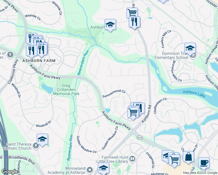 map of restaurants, bars, coffee shops, grocery stores, and more near 21115 Deep Furrow Court in Ashburn