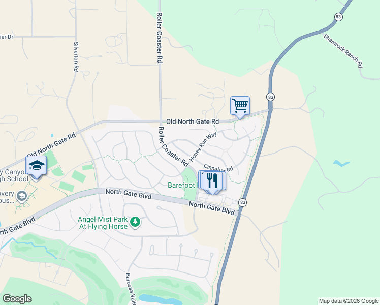 map of restaurants, bars, coffee shops, grocery stores, and more near 2355 Ledgewood Drive in Colorado Springs