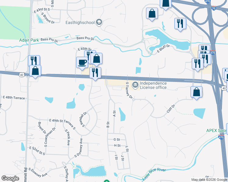 map of restaurants, bars, coffee shops, grocery stores, and more near 17333 East US Highway 40 in Independence