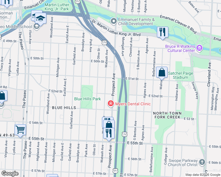 map of restaurants, bars, coffee shops, grocery stores, and more near 5119 Wabash Avenue in Kansas City