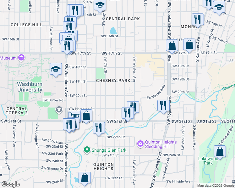 map of restaurants, bars, coffee shops, grocery stores, and more near 1907 Southwest Fillmore Street in Topeka