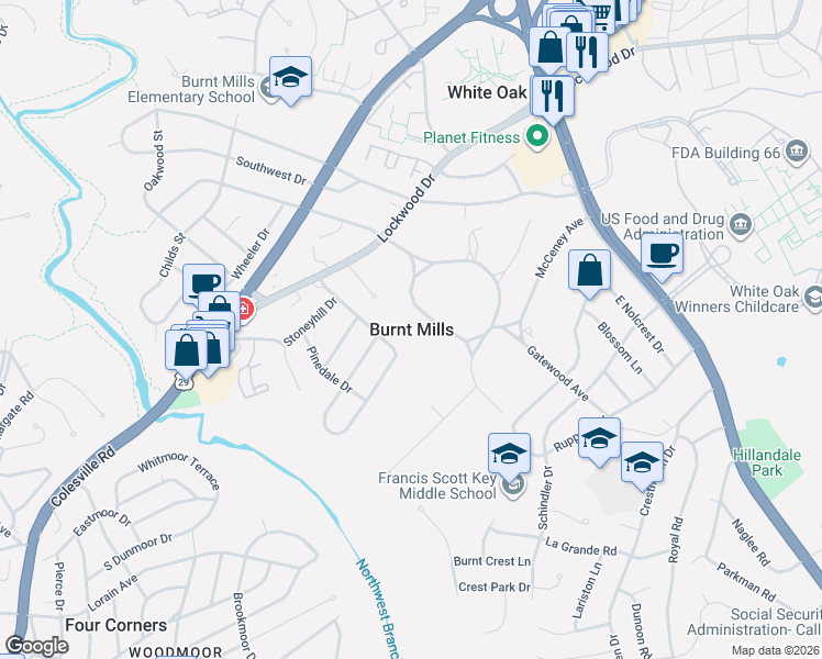 map of restaurants, bars, coffee shops, grocery stores, and more near in Burnt Mills