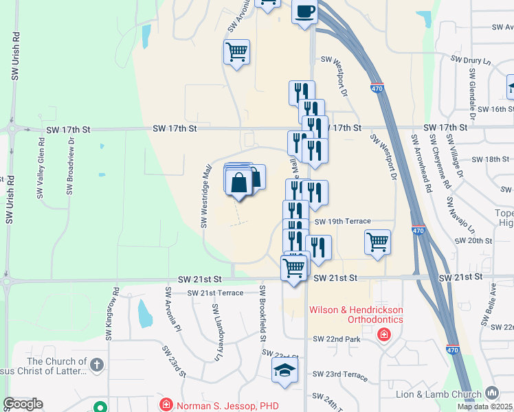 map of restaurants, bars, coffee shops, grocery stores, and more near 1821 Southwest Wanamaker Road in Topeka