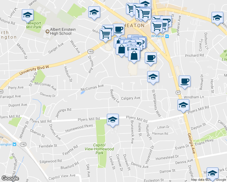 map of restaurants, bars, coffee shops, grocery stores, and more near 10715 Bentley Lane in Kensington
