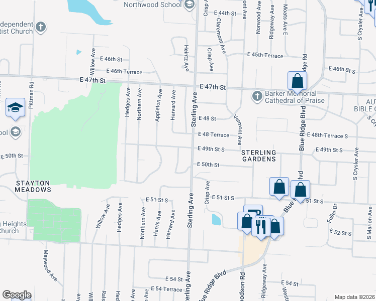 map of restaurants, bars, coffee shops, grocery stores, and more near 4912 Sterling Avenue in Kansas City