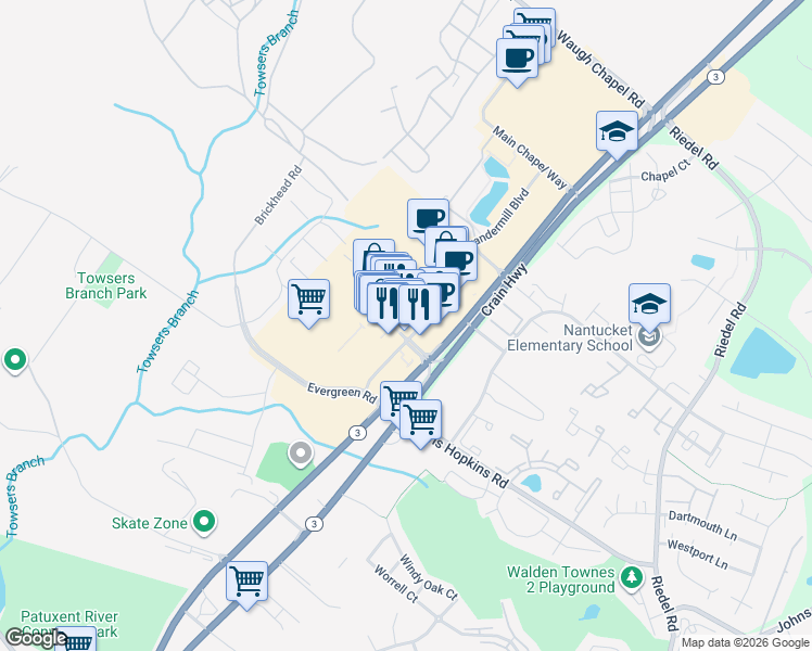map of restaurants, bars, coffee shops, grocery stores, and more near 1402 South Main Chapel Way in Gambrills