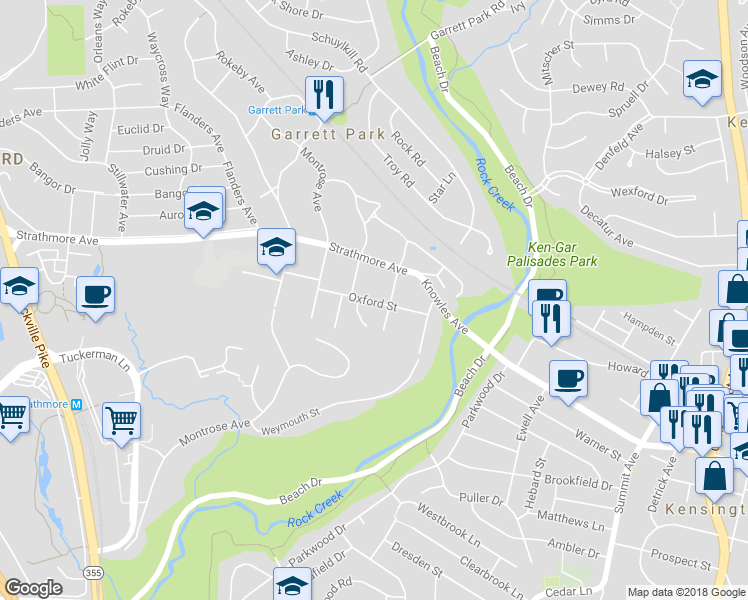 map of restaurants, bars, coffee shops, grocery stores, and more near 4509 Oxford Street in Garrett Park
