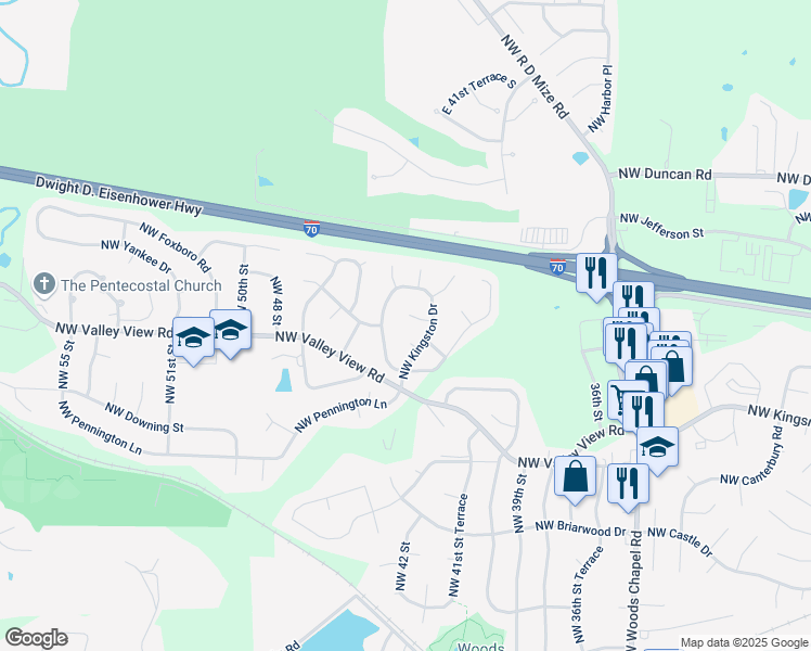 map of restaurants, bars, coffee shops, grocery stores, and more near 1412 Northwest Kingston Road in Blue Springs