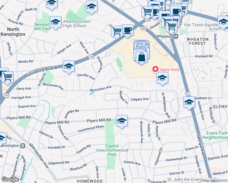 map of restaurants, bars, coffee shops, grocery stores, and more near 10727 Casper Street in Kensington