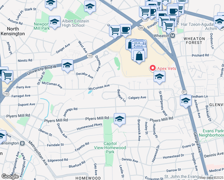 map of restaurants, bars, coffee shops, grocery stores, and more near 10727 Casper Street in Kensington
