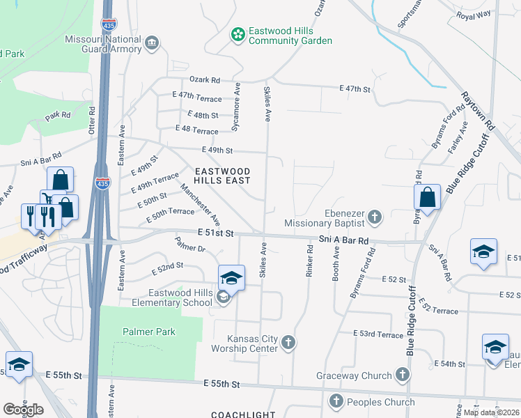 map of restaurants, bars, coffee shops, grocery stores, and more near 5002 Skiles Avenue in Kansas City