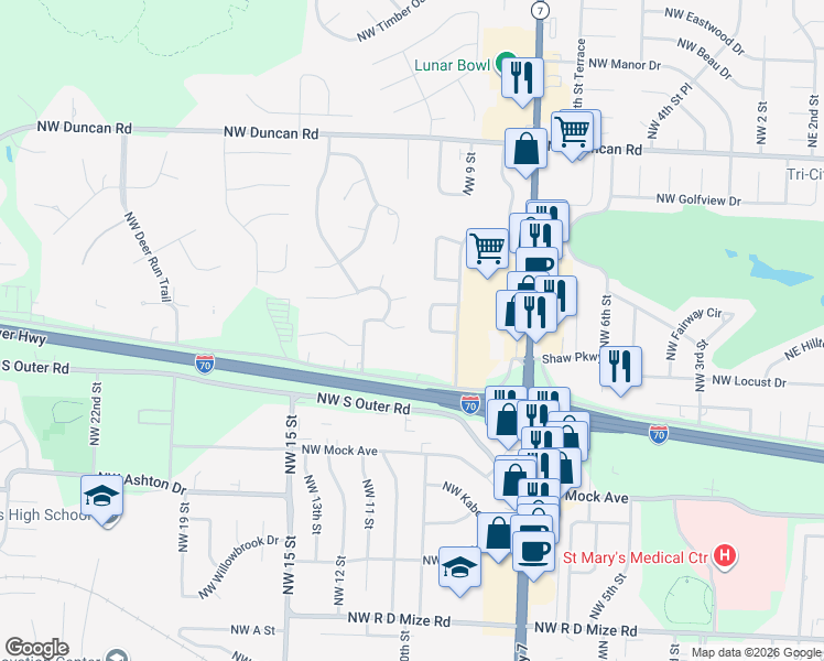 map of restaurants, bars, coffee shops, grocery stores, and more near 1015 Northwest Porter Court in Blue Springs