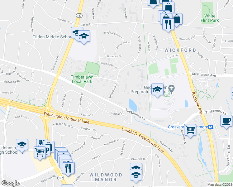 map of restaurants, bars, coffee shops, grocery stores, and more near 10821 Hampton Mill Terrace in North Bethesda