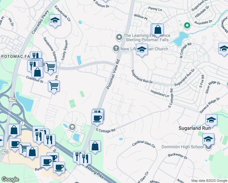 map of restaurants, bars, coffee shops, grocery stores, and more near 46614 Silhouette Square in Sterling