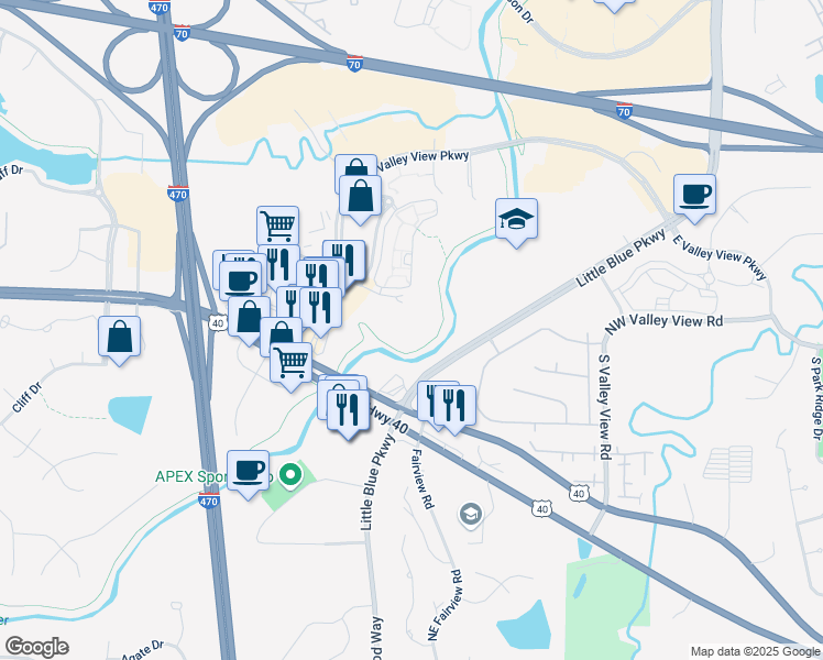 map of restaurants, bars, coffee shops, grocery stores, and more near 19301 East Eastland Center Court in Independence