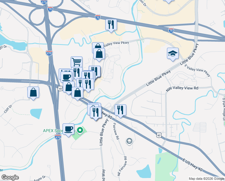 map of restaurants, bars, coffee shops, grocery stores, and more near 19301 East Eastland Center Court in Independence